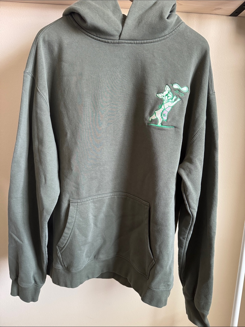 Olive Green Pullover Hoodie with Embroidered French Bulldog Graphic